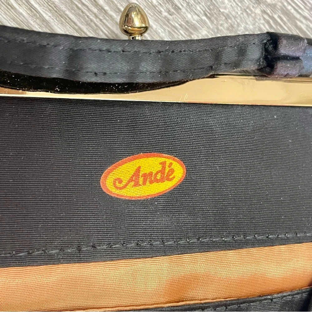 Vintage 60s Ande Black Satin Evening Bag + Tortoise Shell Style Clasp Purse - Picture 13 of 16